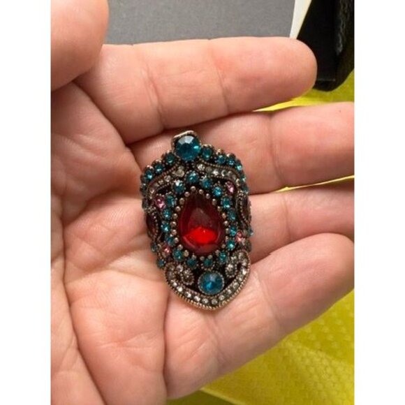 VTG Bohemian Fashion Statement Ring – Red Teardrop Center, Turquoise & Rhinesto - Picture 2 of 5